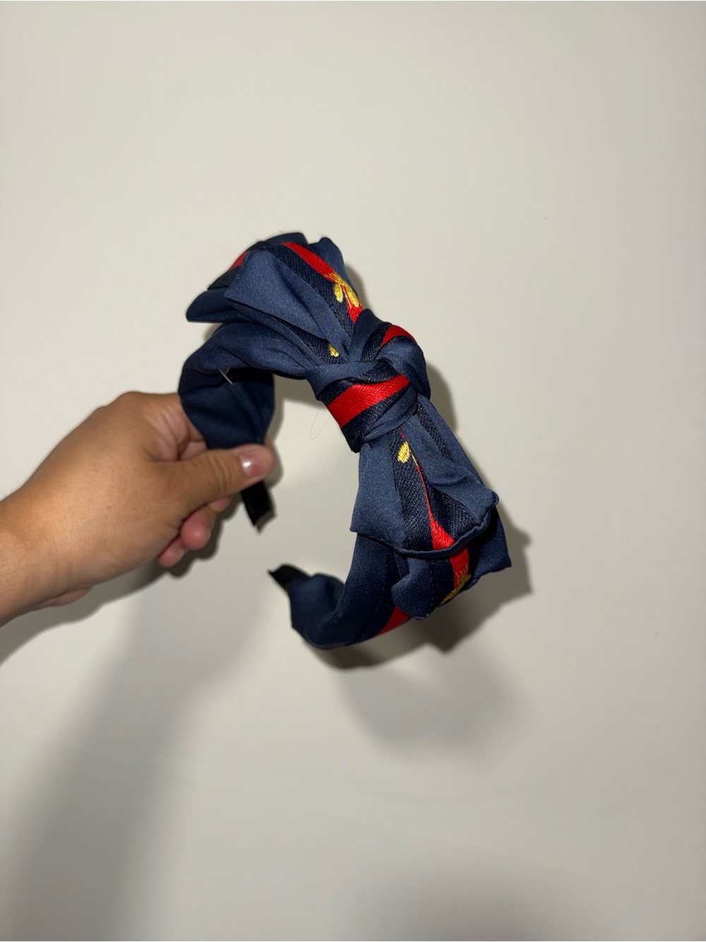 Navy Knotted Silk-Style Headband with Red & Yellow Accents